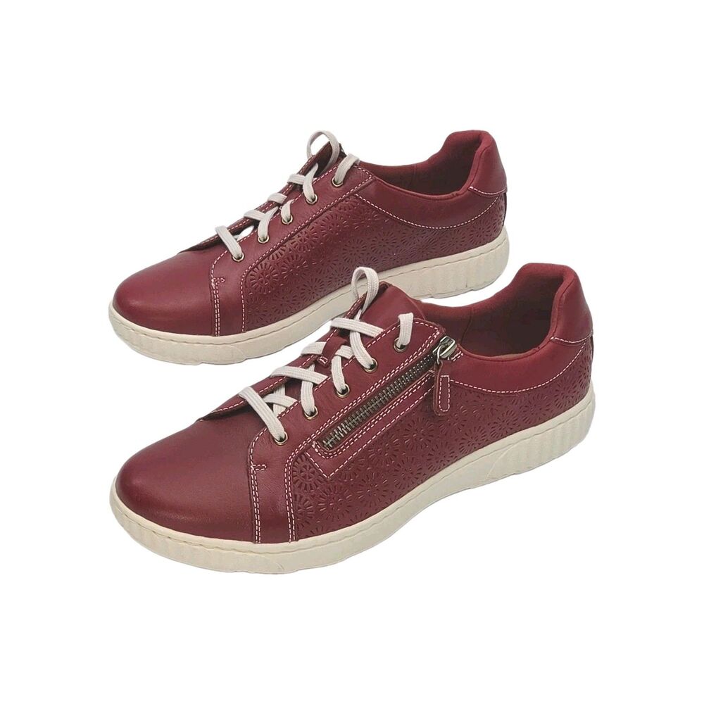 Clarks Collection Sneakers Shoes Red Leather Side Zip Women Size 10 Casual
